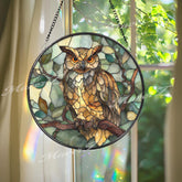 Owl Suncatcher: Brown Forest Bird Stained Glass Window Decor