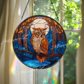 Moonlit Owl Suncatcher: Stained Glass Window Panel, Woodland Decor