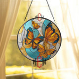 Stained Glass Butterfly Suncatcher, Round Window Hanging Art with Orange Blue Butterflies, Nature Inspired Home Decor