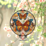 Stained Glass Butterfly Suncatcher, Round Window Hanging Art with Orange Blue Butterflies, Nature Inspired Home Decor