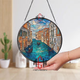 Venice Gondola Stained Glass Suncatcher, Italian Canal Window Art Panel, Blue Water Cityscape Round Hanging Decor for Travel & Europe Lovers