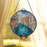 Venice Gondola Stained Glass Suncatcher, Italian Canal Window Art Panel, Blue Water Cityscape Round Hanging Decor for Travel & Europe Lovers