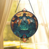 Witch Sisters Stained Glass Suncatcher, Halloween Cauldron Round Window Panel, Magical Trio Witchcraft Decor, Spooky Home Accent