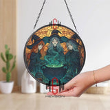 Witch Sisters Stained Glass Suncatcher, Halloween Cauldron Round Window Panel, Magical Trio Witchcraft Decor, Spooky Home Accent