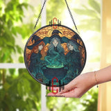 Witch Sisters Stained Glass Suncatcher, Halloween Cauldron Round Window Panel, Magical Trio Witchcraft Decor, Spooky Home Accent