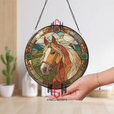 Horse Stained Glass Suncatcher, Rustic Farm Window Decor, Round Equine Panel with Green Frame, Country Horse Lover Gift