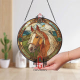 Horse Stained Glass Suncatcher, Rustic Farm Window Decor, Round Equine Panel with Green Frame, Country Horse Lover Gift