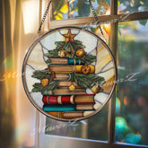 Christmas Book Tree Stained Glass Suncatcher: Festive Holiday Decor