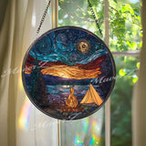 Mountain Camping Stained Glass Suncatcher: Starry Night Forest Decor