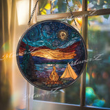 Mountain Camping Stained Glass Suncatcher: Starry Night Forest Decor