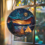 Mountain Camping Stained Glass Suncatcher: Starry Night Forest Decor