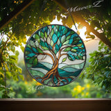 Tree of Life Stained Glass Suncatcher: Green & Blue Window Decor