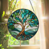 Tree of Life Stained Glass Suncatcher: Green & Blue Window Decor