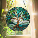 Tree of Life Stained Glass Suncatcher: Green & Blue Window Decor