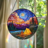 Mountain Camping Stained Glass Suncatcher: Starry Night Tent & Campfire