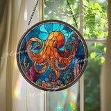 Octopus Stained Glass Suncatcher: Nautical Ocean Window Decor