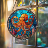 Octopus Stained Glass Suncatcher: Nautical Ocean Window Decor