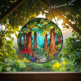 Forest Path Stained Glass Suncatcher: Woodland Nature Scene Window Decor