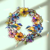 Bluebird Wreath Acrylic Wavy Suncatcher Ornament, Colorful Floral Circle Faux Stained Glass Window Hanging, Spring Garden Bird Decor