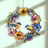 Bluebird Wreath Acrylic Wavy Suncatcher Ornament, Colorful Floral Circle Faux Stained Glass Window Hanging, Spring Garden Bird Decor