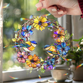 Bluebird Wreath Acrylic Wavy Suncatcher Ornament, Colorful Floral Circle Faux Stained Glass Window Hanging, Spring Garden Bird Decor