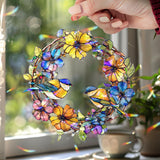 Bluebird Wreath Acrylic Wavy Suncatcher Ornament, Colorful Floral Circle Faux Stained Glass Window Hanging, Spring Garden Bird Decor