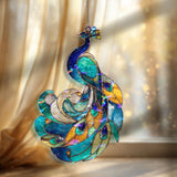 Peacock Acrylic Wavy Suncatcher Ornament, Elegant Blue & Green Feathered Faux Stained Glass Window Panel, Colorful Bird Home Decor Gift
