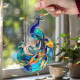 Peacock Acrylic Wavy Suncatcher Ornament, Elegant Blue & Green Feathered Faux Stained Glass Window Panel, Colorful Bird Home Decor Gift