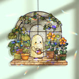 Cute Ghost Gardener Acrylic Wavy Suncatcher Ornament, Whimsical Plant Faux Stained Glass Window Decor, Kawaii Spooky Gift for Garden Lovers