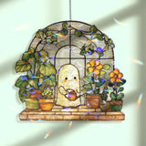 Cute Ghost Gardener Acrylic Wavy Suncatcher Ornament, Whimsical Plant Faux Stained Glass Window Decor, Kawaii Spooky Gift for Garden Lovers