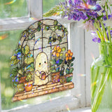 Cute Ghost Gardener Acrylic Wavy Suncatcher Ornament, Whimsical Plant Faux Stained Glass Window Decor, Kawaii Spooky Gift for Garden Lovers