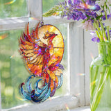 Phoenix Acrylic Wavy Suncatcher Ornament, Vibrant Mythical Bird Faux Stained Glass Window Hanging, Fiery Fantasy Decor for Spiritual Homes