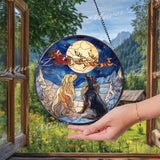 Christmas Dogs Suncatcher: Santa's Sleigh, Reindeer Moon - Holiday Window Decor