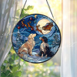 Christmas Dogs Suncatcher: Santa's Sleigh, Reindeer Moon - Holiday Window Decor