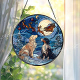 Christmas Dogs Suncatcher: Santa's Sleigh, Reindeer Moon - Holiday Window Decor