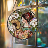 Geisha Suncatcher: Japanese Woman with Fan, Cherry Blossoms Art Panel