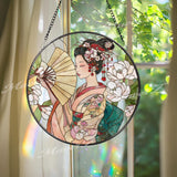Geisha Suncatcher: Japanese Woman with Fan, Cherry Blossoms Art Panel