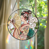 Geisha Suncatcher: Japanese Woman with Fan, Cherry Blossoms Art Panel