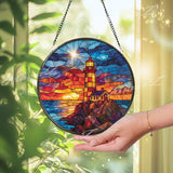 Lighthouse Sunset Stained Glass Suncatcher: Coastal Home Decor