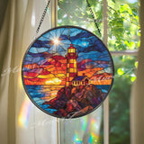 Lighthouse Sunset Stained Glass Suncatcher: Coastal Home Decor