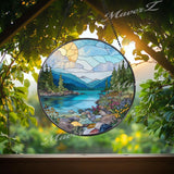 Mountain Lake Stained Glass Suncatcher: Alpine Forest Window Decor