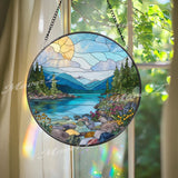 Mountain Lake Stained Glass Suncatcher: Alpine Forest Window Decor