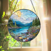 Mountain Lake Stained Glass Suncatcher: Alpine Forest Window Decor