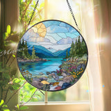 Mountain Lake Stained Glass Suncatcher: Alpine Forest Window Decor