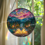 Mountain Cabin Stained Glass Suncatcher: Open Book, Starry Sky Window Decor