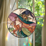 Art Nouveau Witch Suncatcher: Elegant Lady, Purple Hair Window Decor