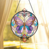 Pastel Butterfly Stained Glass Suncatcher, Pink Purple Blue Wings, Round Window Hanging, Elegant Whimsical Decor Gift