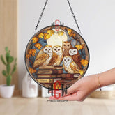 Owl Family Stained Glass Suncatcher, Round Autumn Book Window Panel, Cozy Fall Decor for Readers, Handmade Owl Art for Nature Lovers