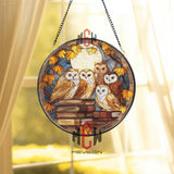 Owl Family Stained Glass Suncatcher, Round Autumn Book Window Panel, Cozy Fall Decor for Readers, Handmade Owl Art for Nature Lovers