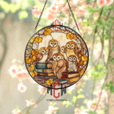 Owl Family Stained Glass Suncatcher, Round Autumn Book Window Panel, Cozy Fall Decor for Readers, Handmade Owl Art for Nature Lovers